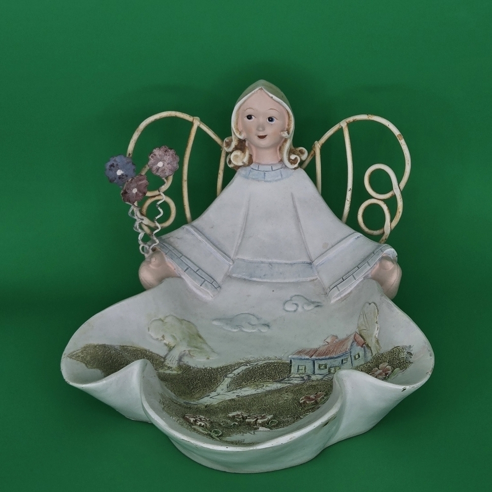 Vintage Angel Trinket Dish Countryside Scene Ceramic & Metal Wings Shabby Chic